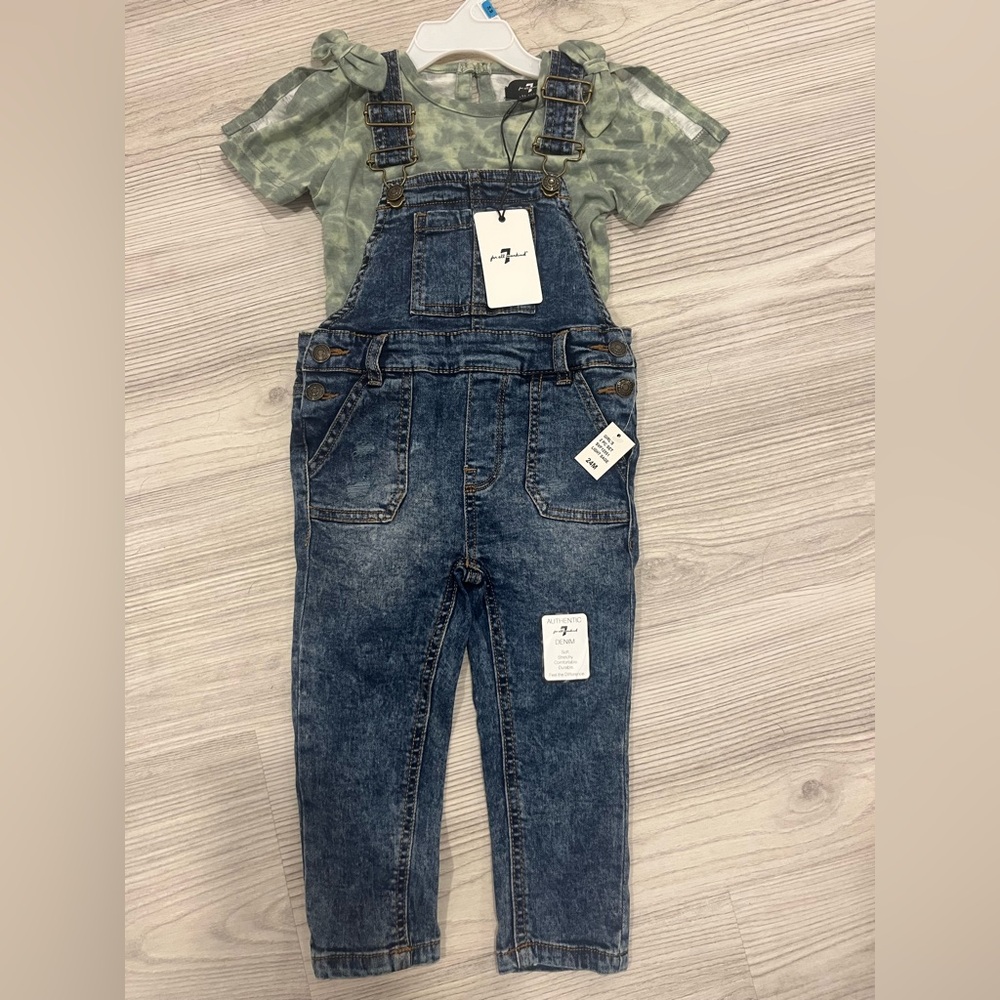 NWT - 7 For All Mankind, blue denim overalls with green t-shirt size 24 months